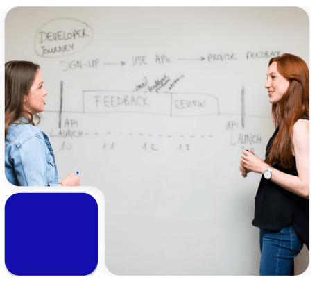 Two women having a consultation meeting in front of a whiteboard with development process diagrams